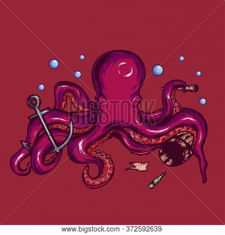 The Blind Octopus. Character. Vector Illustration. Digital Art