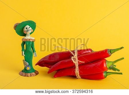 Red Hot Chili Peppers And Catrina La Calavera Garbancera , Dapper Skeleton, Elegant Skull On A Yello