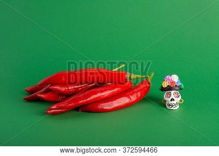 Red Hot Chili Pepper And Catrina La Calavera Garbancera , Dapper Skeleton, Elegant Skull On A Green 