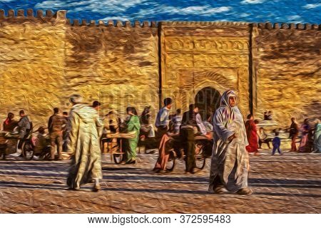 People In Front Of The City Wall And Gate On The Old Medina Of Meknes. An Impressive City In Spanish