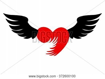 Flying Heart With Wings Red Icon On White Background.