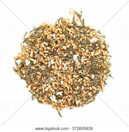 Japanese Green Tea Genmaicha, Isolated On White Background. Tea Leaves With Roasted Brown Rice. Orga