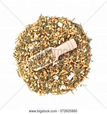 Japanese Green Tea Genmaicha, Isolated On White Background. Tea Leaves With Roasted Brown Rice. Orga