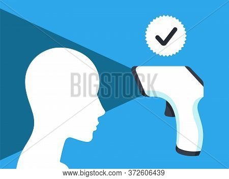 Checking A Person For High Temperature. Body Temperature Is Normal. Flat Vector Illustration.