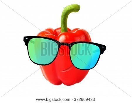 Cool Dude Concept With A Red Pepper In A Sunglasses. Spoof With A Cool Pepper Isolated On White.