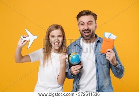 Funny Bearded Man In Casual Clothes With Child Baby Girl. Father Little Kid Daughter Isolated On Yel