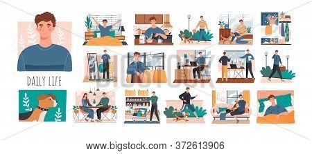 Series Of Sequential Scenes Showing The Daily Life Of A Young Man From Waking Up To Going Back To Be