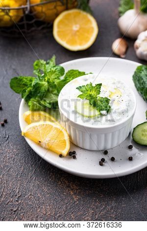 Traditional Greek Sauce Or Appetizer Tzatziki With Yogurt, Garlic, Cucumber And Dil