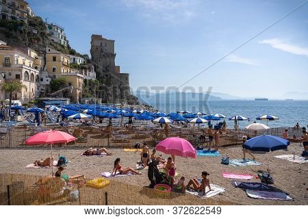 Cetara Cityscape On Coast Of Amalfi Of Mediterranean Sea In Italy