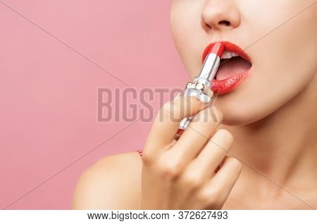 Beauty Concept, Half Face Of Woman, Only Lips, Lower Part Of Face. Woman Putting On Makeup, Painting