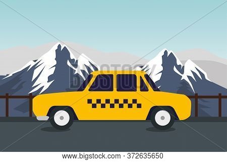 Taxi Card Trevel Transport In The Snowy Mountains Vector Illustration