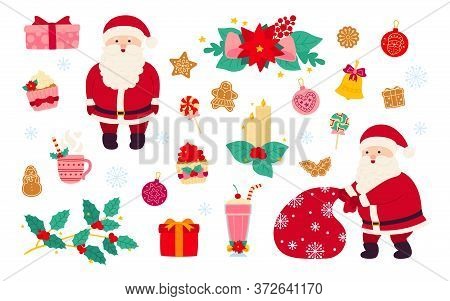 Christmas And New Year Set. Holly, Cupcake, Bell, Hat, Santa And Cookies Gift, Lollipop Candle, Mist
