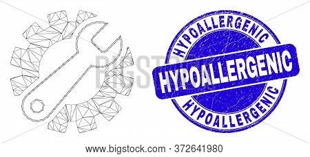 Web Mesh Gear Tools Pictogram And Hypoallergenic Stamp. Blue Vector Rounded Distress Stamp With Hypo