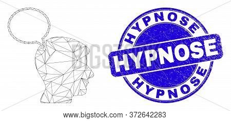 Web Carcass Head Thinking Cloud Icon And Hypnose Seal Stamp. Blue Vector Round Distress Seal Stamp W