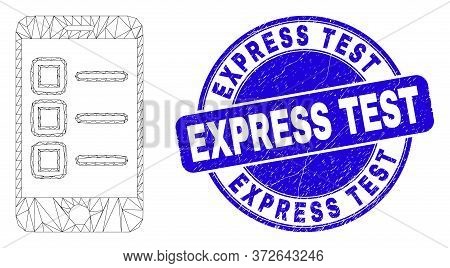 Web Carcass Mobile Test Items Pictogram And Express Test Stamp. Blue Vector Round Textured Stamp Wit