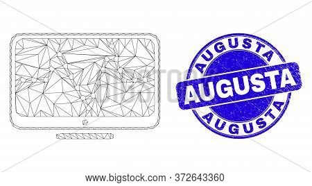Web Mesh Online Dotted Chart Icon And Augusta Seal. Blue Vector Rounded Scratched Seal With Augusta 