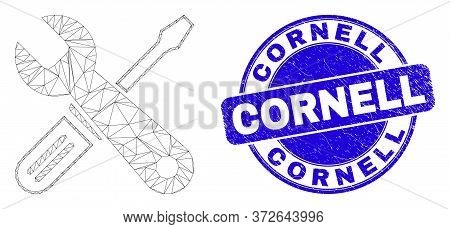 Web Carcass Repair Tools Pictogram And Cornell Seal Stamp. Blue Vector Round Scratched Seal Stamp Wi