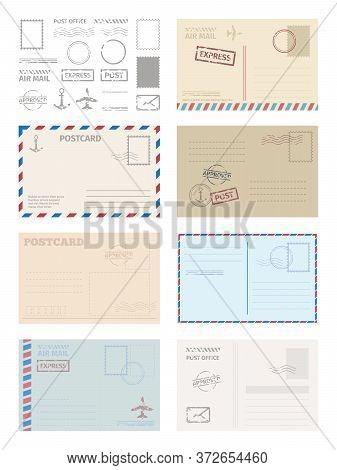 Postcard Envelope Template Set. Greeting Card Stamps Postal Services Red Blue Frame Fast Delivery Ai