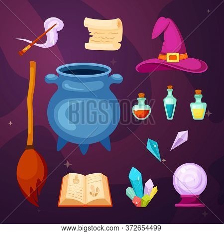 Witching Magic Items Set. Cauldron Cooking Potion Magic Wand Scroll Book With Spells Flying Broom Mu