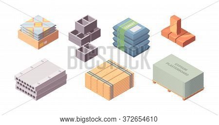 Construction Materials Building Isometric Set. Box With Tiles Large Concrete Blocks Gray Cinder Bloc