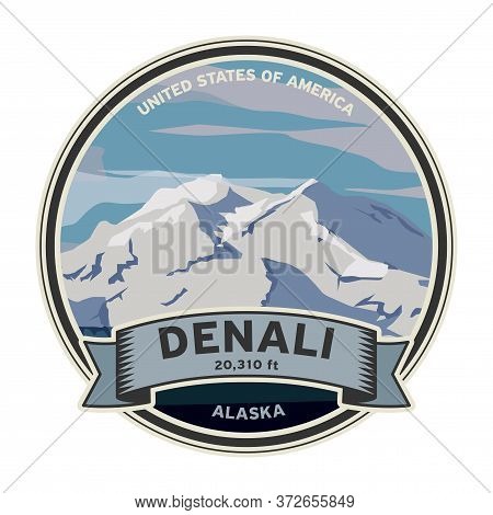 Denali Peak At Denali National Park In Alaska. Vector Illustration