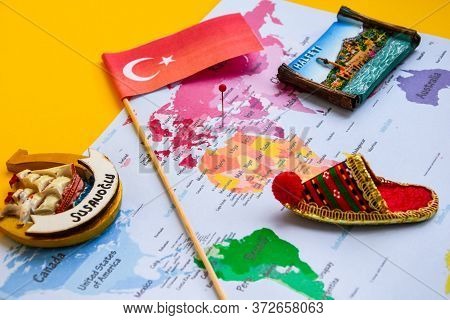 Turkey Travel Concept, Turkish Flag, Magnets From Halfeti And Sanliurfa, World Map, Passport, Boardi