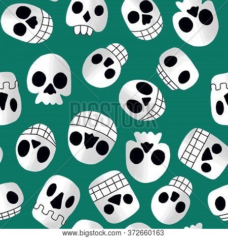 Halloween Skulls Childish Seamless Pattern. Simple Cartoon Skulls On Greenish Background. Funny Happ