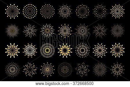 Star Shape Gold Fireworks Explosion Pattern Set. Flat Art Deco Style Star Shaped Firework Pattern Co