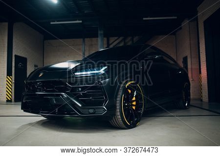 Lamborghini Urus Black Color Sports Car Close Up.