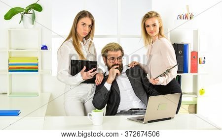 Flirting With Boss. Secretary And Manager. Office Affair. Surrounded By Beautiful Ladies. Seductive 