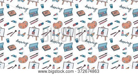 Vector Seamless Pattern With Art Supplies. Children Hobby Club Background. Wrapping Paper For Birthd