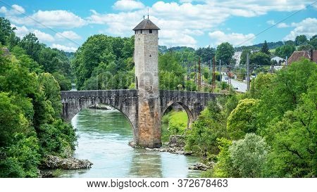 Medieval Bridge Over River Gave De Pau In Orthez City - France