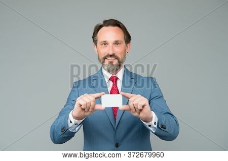 Confident Man In Smart Wear Hold Card. Showing His Business Card. Expert In Legal Affairs. Mature Ge