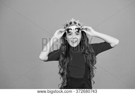 Love Myself. Egoist Child. Little Girl Wear Prop Crown And Glasses. Small Egoist With Ambition. Egoi