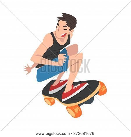 Male Skateboarder Performing Trick, Boy Jumping On Skateboard, Extreme Hobby Or Sport Cartoon Style 