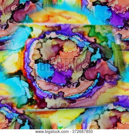 Seamless Liquid Paints Background. Ink Paint Abstract. Bright Colors Wet Washed Print. Multicolor Ma