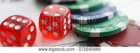 Close Up On Table Are Dice Chips Playing Cards. Possibility Relaxation, Emotional Relaxation In Casi