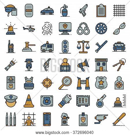 Police Equipment Icons Set. Outline Set Of Police Equipment Vector Icons Thin Line Color Flat On Whi
