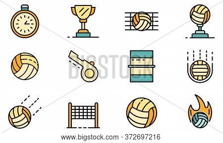 Volleyball Icons Set. Outline Set Of Volleyball Vector Icons Thin Line Color Flat On White