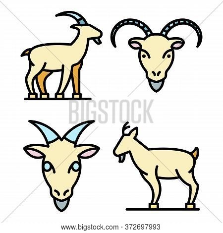 Goat Icons Set. Outline Set Of Goat Vector Icons Thin Line Color Flat On White
