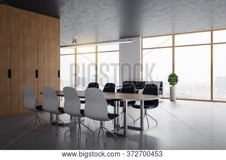 Modern Conference Room With Furniture And Panoramic City Viewl. Workplace And Company Concept. 3d Re