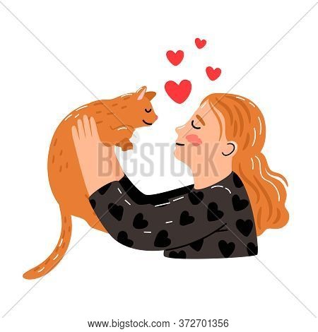 Female Hugs Cat. Cartoon Young Woman With Smile Hugging Pet, Girl Lovely Cuddling With Kitten, Vecto