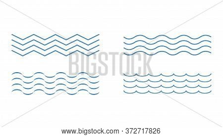 Blue Wave Icons. Outline Curve Liquid Sign. Simple Wavy Set In Blue Color. Flow Water Swirling. Abst