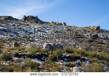Winter landscape with snow in mountains of Serra do Xures natural park, Galicia, Spain