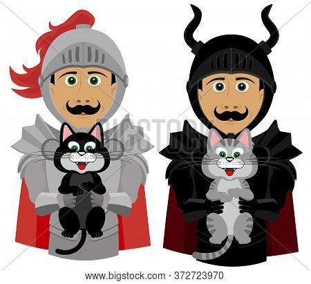 Set Of Two Knights With Kittens. Knights Put Kittens In Good Hands. Vector Illustration.