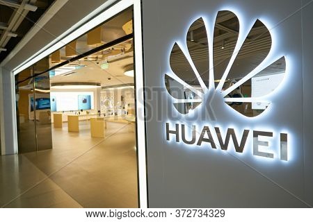 SHENZHEN, CHINA - CIRCA APRIL, 2019: close up shot of Huawei sign as seen in China International Consumer Electronics Exchange/Exhibition Center (CEEC) at UpperHill in Shenzhen.