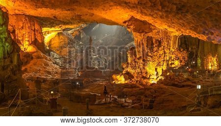 Along City, Quảng Ninh/vietnam - October 11th 2014: The Illuminated Limestone Sung Sot Caves In The 