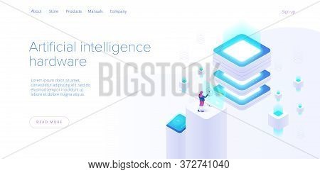 Hosting Server Isometric Vector Illustration. Abstract 3D Datacenter Or Data Center Room Background.