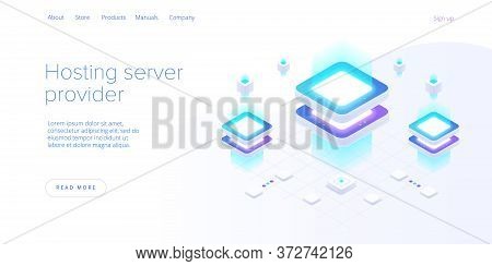 Hosting Server Isometric Vector Illustration. Abstract 3D Datacenter Or Data Center Room Background.