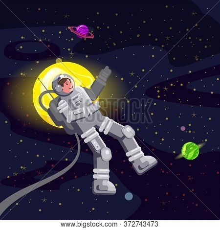 Space Card Background With Spaceman, Rocket, Ufo, Sun, Stars. Austronaut Panoramic Space Template. B